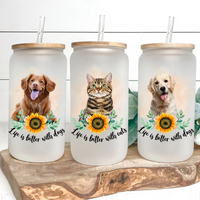 Thumbnail for Personalized Dog Photo Life is Better With Dogs Cats Glass Bottle/Frosted Bottle With Lid & Straw, Best Gift For Dog Cat Lovers AF