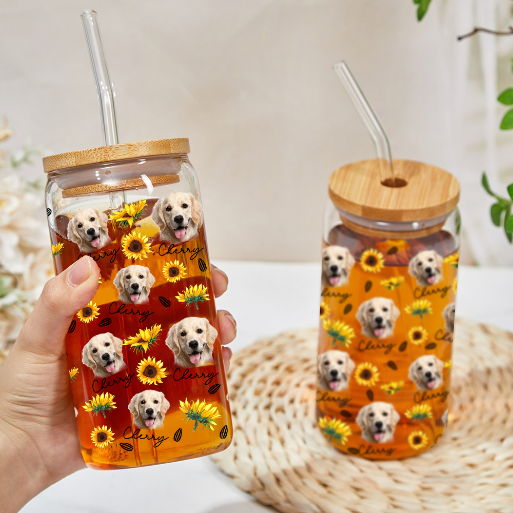 Custom Sunflower Upload Face Dog Cat Glass Bottle/Frosted Bottle With Lid & Straw, Pet Lover Gift AF
