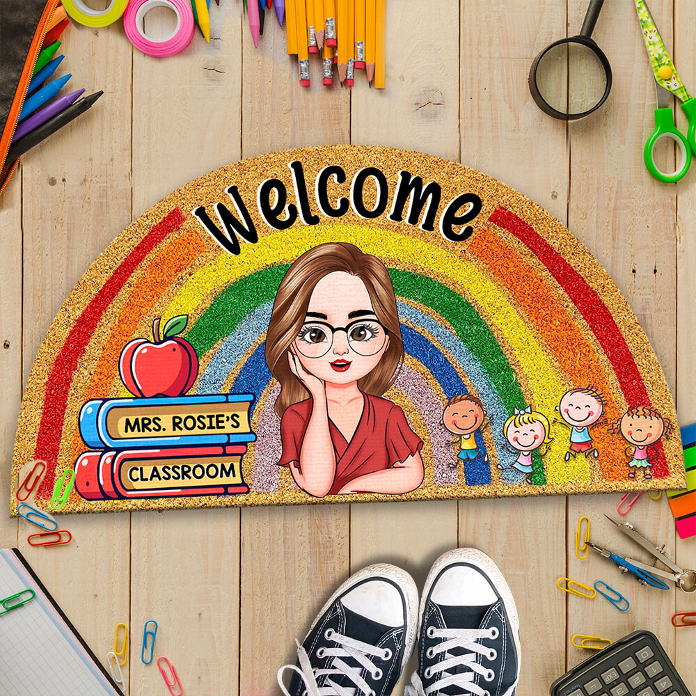 Custom Welcome Teacher Rainbow Shaped Doormat, Gift For Teacher AB