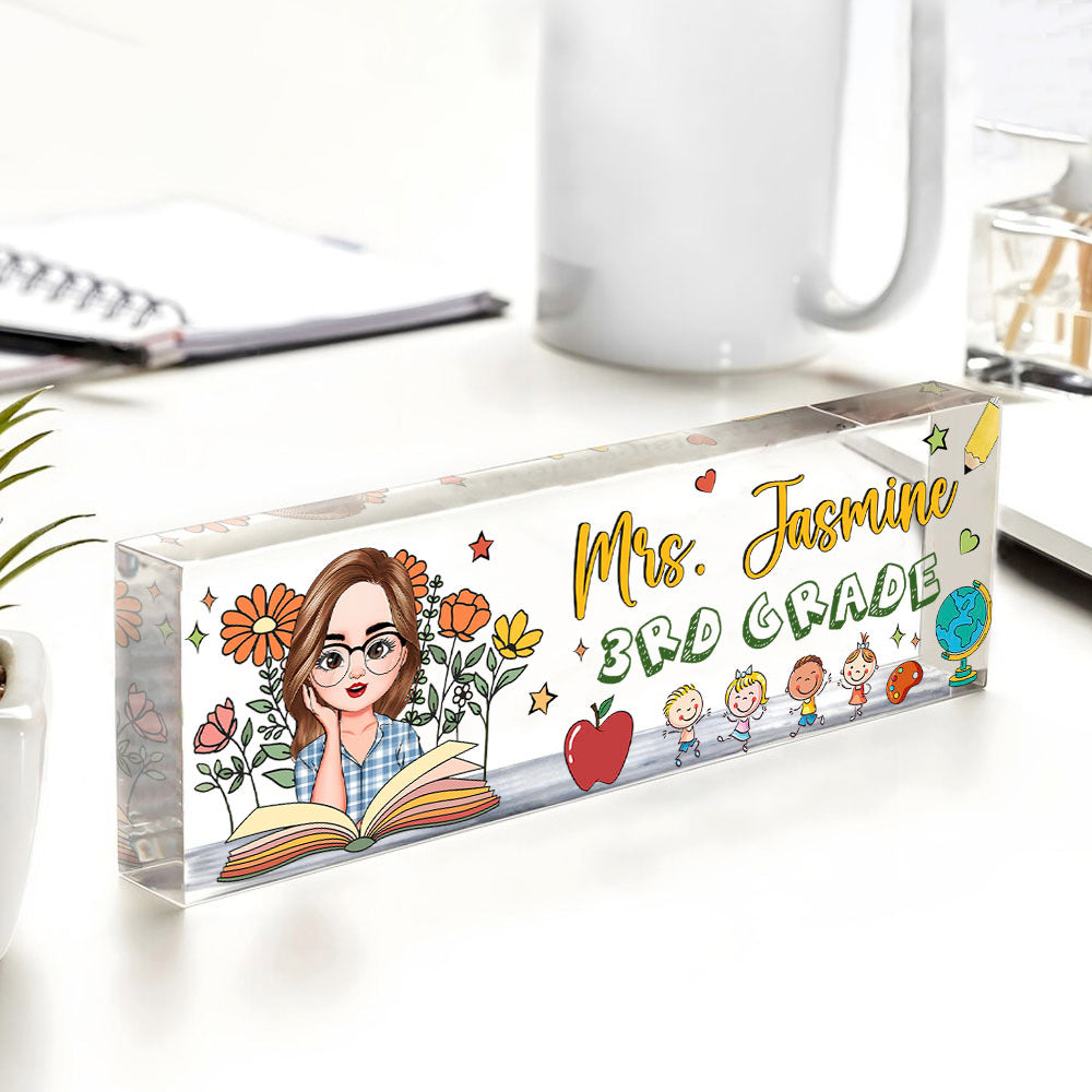 Custom Teacher Name With Book Flowers Acrylic Desk Name Plate, Gift For Teacher AI