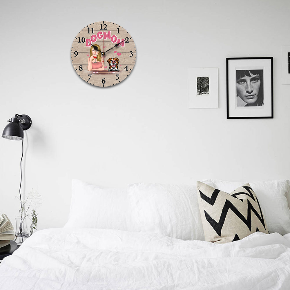 Personalized Dog Mom Wall Wooden Clock, Gift For Dog Lover FC