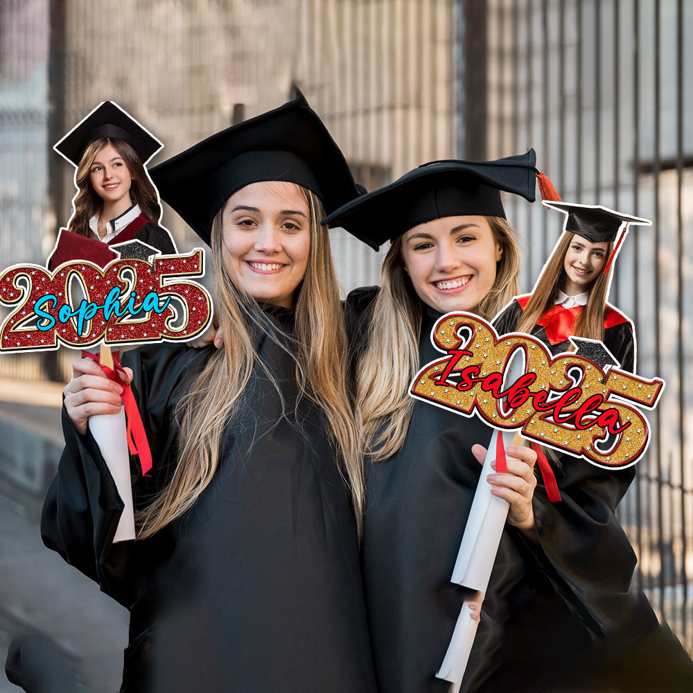 Personalized Face Fans With Wooden Handle - Graduation Keepsake Gift - Colorful Glitter Senior Photo Class Of 2025 FC