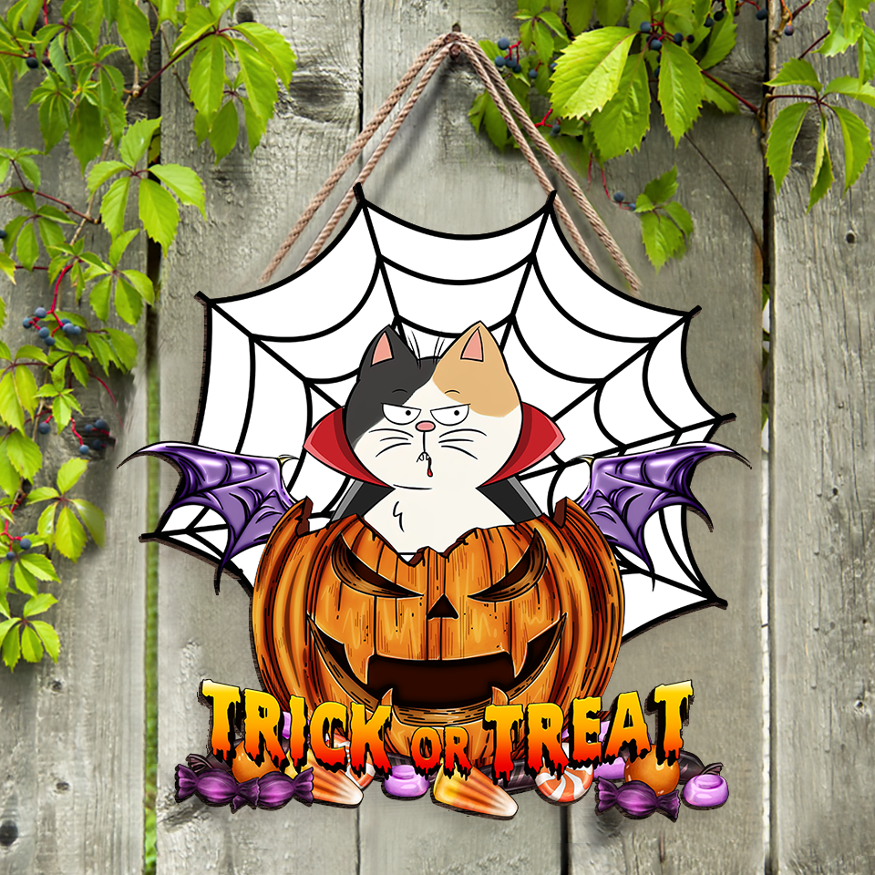 Personalized Shaped Door Sign - Halloween Decor Gift For Cat Lovers - Trick Or Treat Demon Pumpkin AE