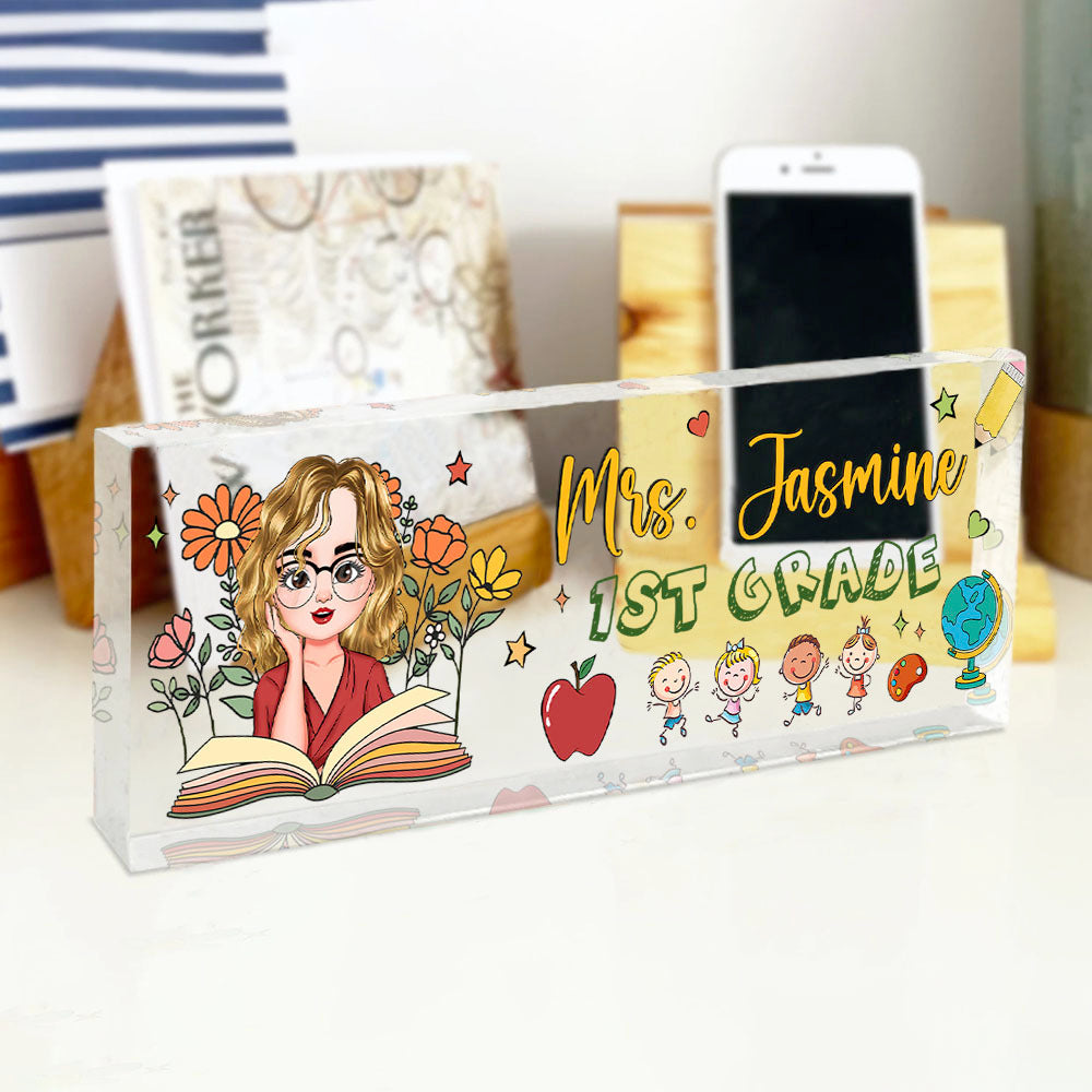 Custom Teacher Name With Book Flowers Acrylic Desk Name Plate, Gift For Teacher AI