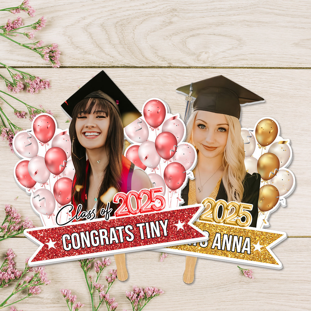 Custom Colorful Balloons Class Of 2025 Face Fans With Wooden Handle, Gift For Graduation Party FC
