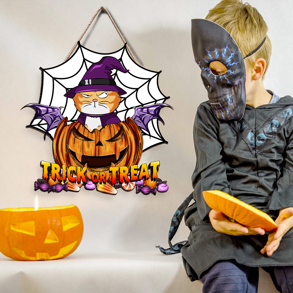 Personalized Shaped Door Sign - Halloween Decor Gift For Cat Lovers - Trick Or Treat Demon Pumpkin AE