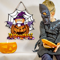 Thumbnail for Personalized Shaped Door Sign - Halloween Decor Gift For Cat Lovers - Trick Or Treat Demon Pumpkin AE