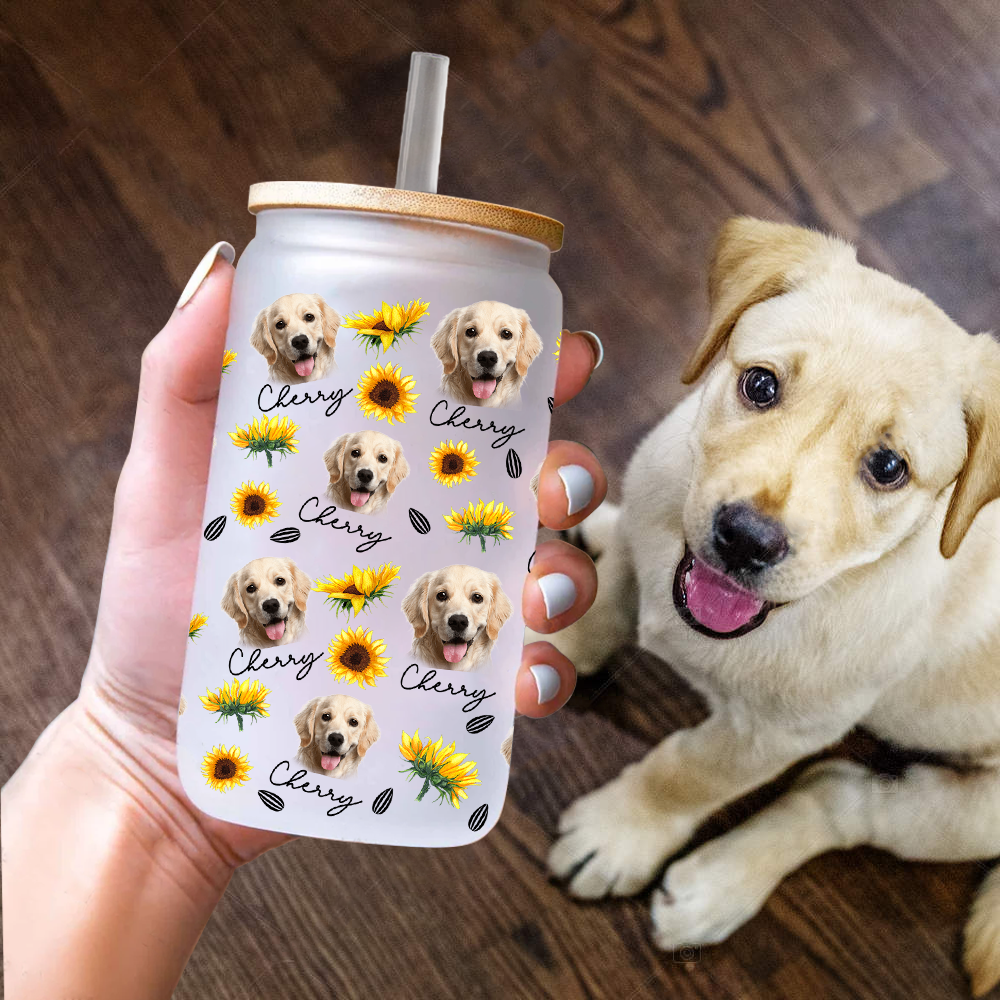 Custom Sunflower Upload Face Dog Cat Glass Bottle/Frosted Bottle With Lid & Straw, Pet Lover Gift AF