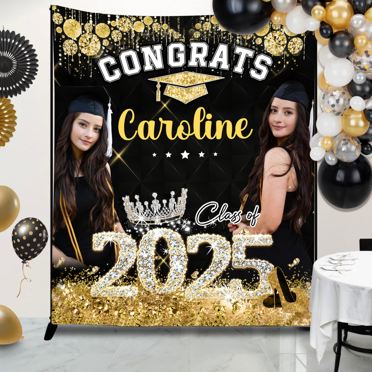 Personalized Diamond Glitter Queen Class Of 2025 Backdrop, Graduation Party Supply FC