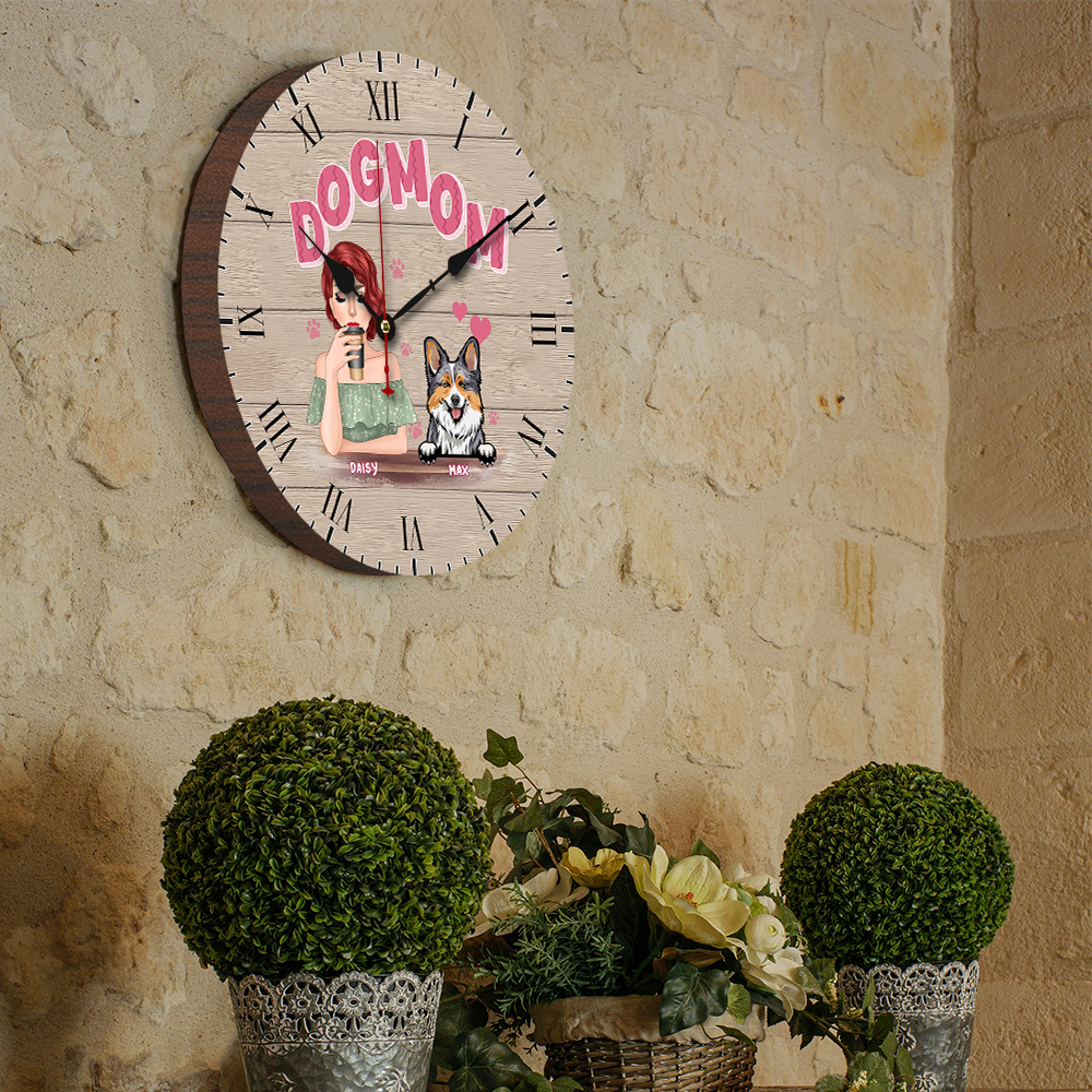 Personalized Dog Mom Wall Wooden Clock, Gift For Dog Lover FC