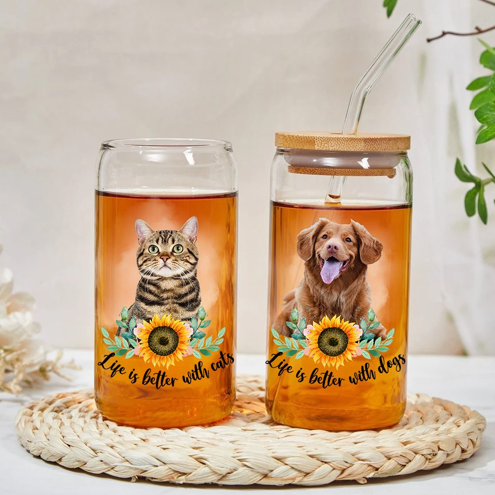 Personalized Dog Photo Life is Better With Dogs Cats Glass Bottle/Frosted Bottle With Lid & Straw, Best Gift For Dog Cat Lovers AF
