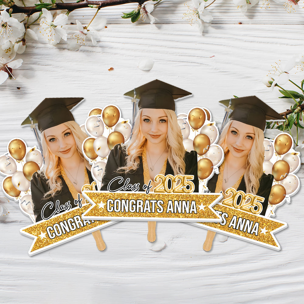 Custom Colorful Balloons Class Of 2025 Face Fans With Wooden Handle, Gift For Graduation Party FC