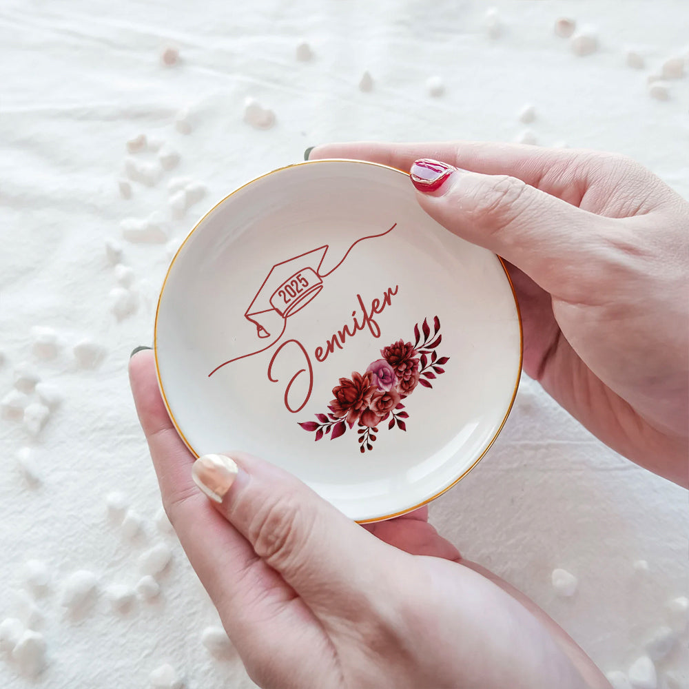 Custom Floral Class of 2025 Graduation Round Jewelry Ring Dish, Jewelry Tray, Graduation Gift For Her FC