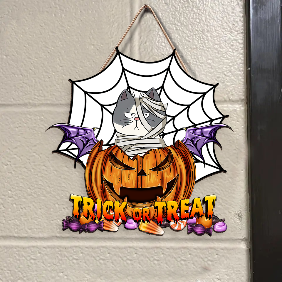 Personalized Shaped Door Sign - Halloween Decor Gift For Cat Lovers - Trick Or Treat Demon Pumpkin AE
