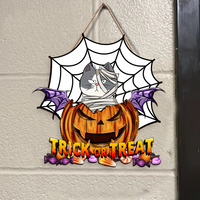 Thumbnail for Personalized Shaped Door Sign - Halloween Decor Gift For Cat Lovers - Trick Or Treat Demon Pumpkin AE
