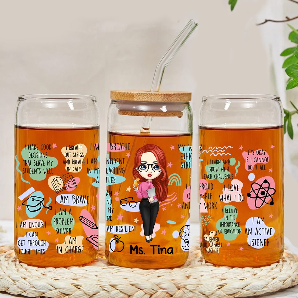 Personalized Teacher Daily Affirmation Glass Bottle/Frosted Bottle With Lid & Straw, Teacher Gift AF