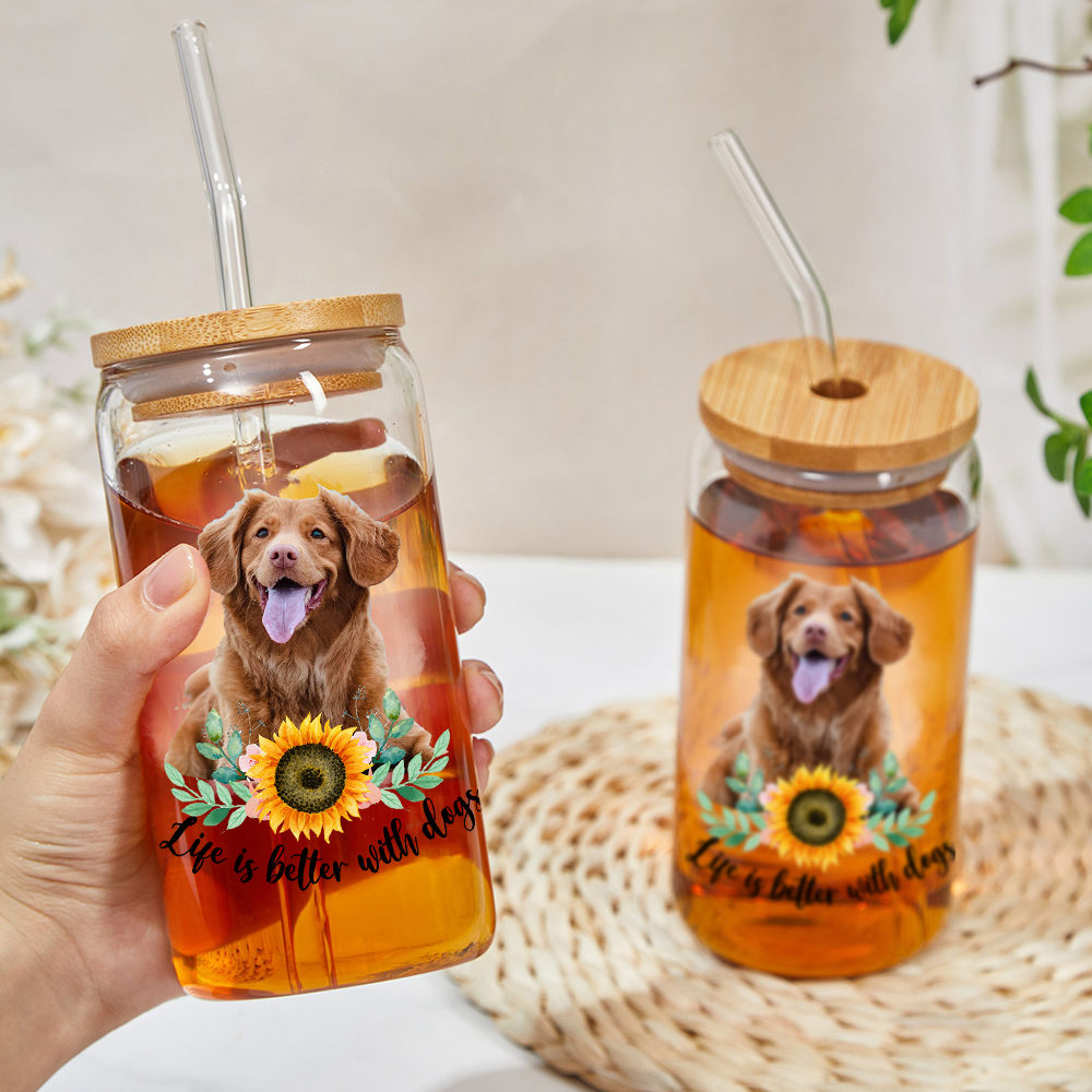Personalized Dog Photo Life is Better With Dogs Cats Glass Bottle/Frosted Bottle With Lid & Straw, Best Gift For Dog Cat Lovers AF