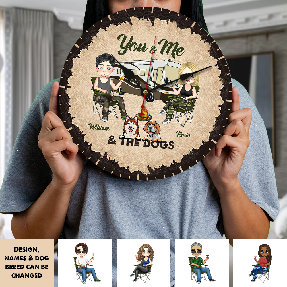 Personalized Camping Couple And The Dogs Wall Wooden Clock, Gift For Dog Lovers FC