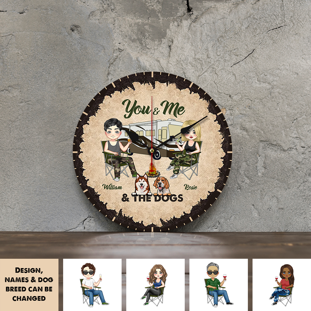 Personalized Camping Couple And The Dogs Wall Wooden Clock, Gift For Dog Lovers FC
