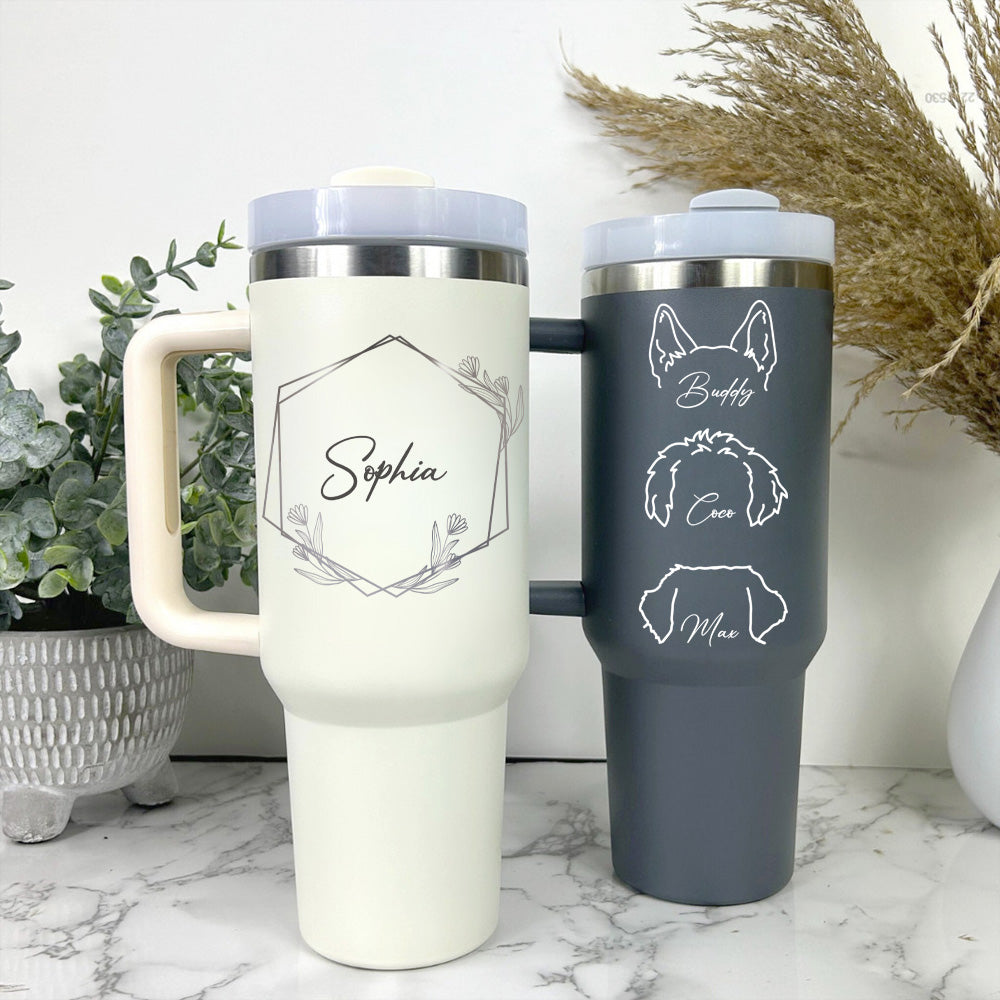 Personalized 40oz Tumbler - Gift For Pet Lovers - Floral Name Dog Face Line Drawing Yoycol