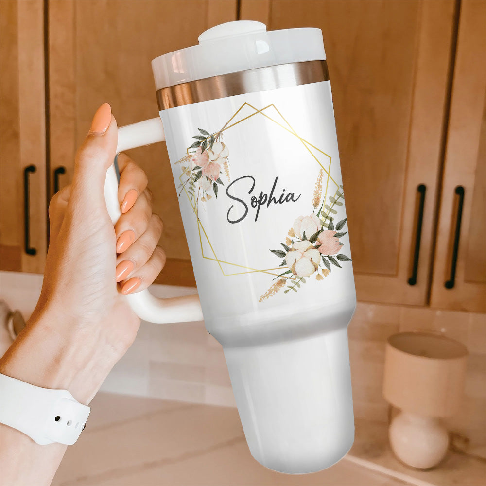 Personalized 40oz Tumbler - Gift For Pet Lovers - Floral Name Dog Face Line Drawing Yoycol