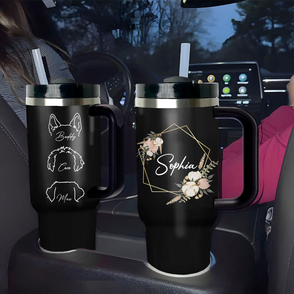 Personalized 40oz Tumbler - Gift For Pet Lovers - Floral Name Dog Face Line Drawing Yoycol