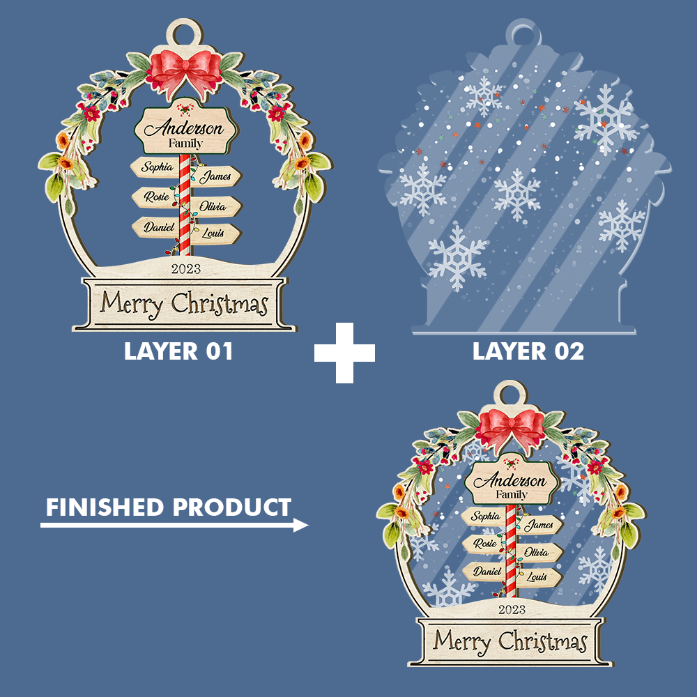 Personalized Wooden & Acrylic Layered Ornament - Christmas Gift For Family - Family Name Signboard with Snow AC