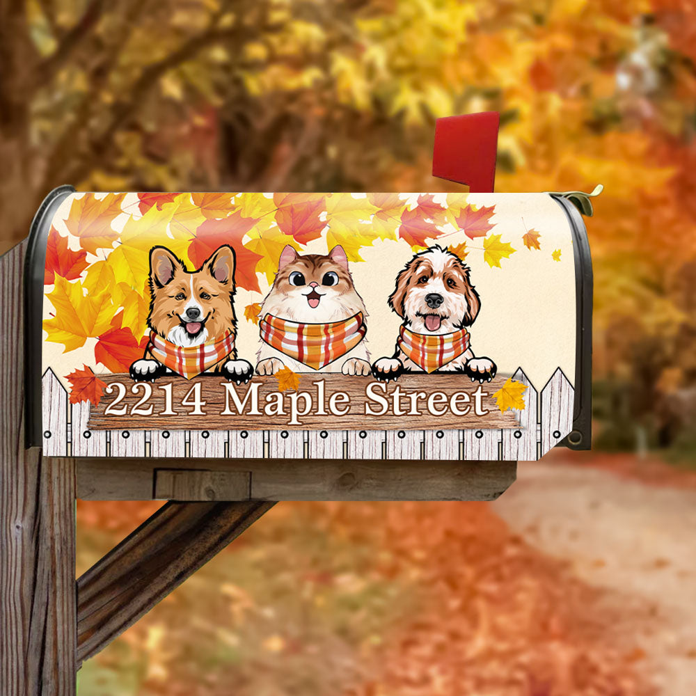 Personalized Mailbox Cover- Gift For Dog Cat Lovers- Hello Fall Maple Leaves AF