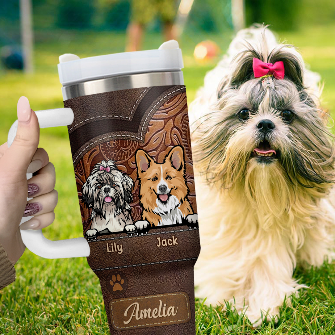 Personalized 40oz Tumbler - Gift For Pet Lovers - Dog Mom Cat Mom Leather Pattern FC