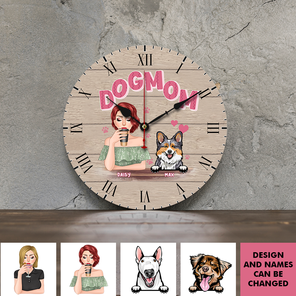 Personalized Dog Mom Wall Wooden Clock, Gift For Dog Lover FC