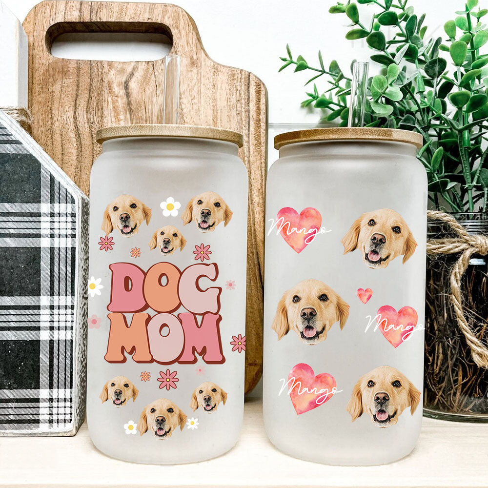 Custom Dog Mom Cat Mom Photo Glass Bottle/Frosted Bottle With Lid & Straw, Pet Lover Gift AF