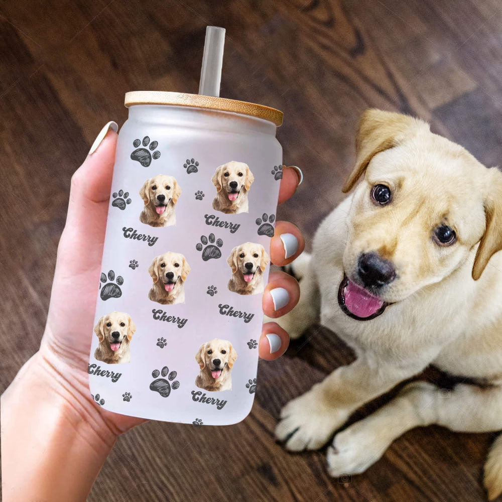 Custom Photo With Name Dog Cat Glass Bottle/Frosted Bottle With Lid & Straw, Pet Lover Gift AF