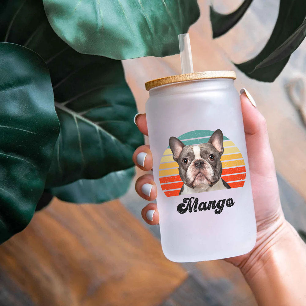 Custom Retro Style Dog Cat Photo Glass Bottle/Frosted Bottle With Lid & Straw, Pet Lover Gift AF