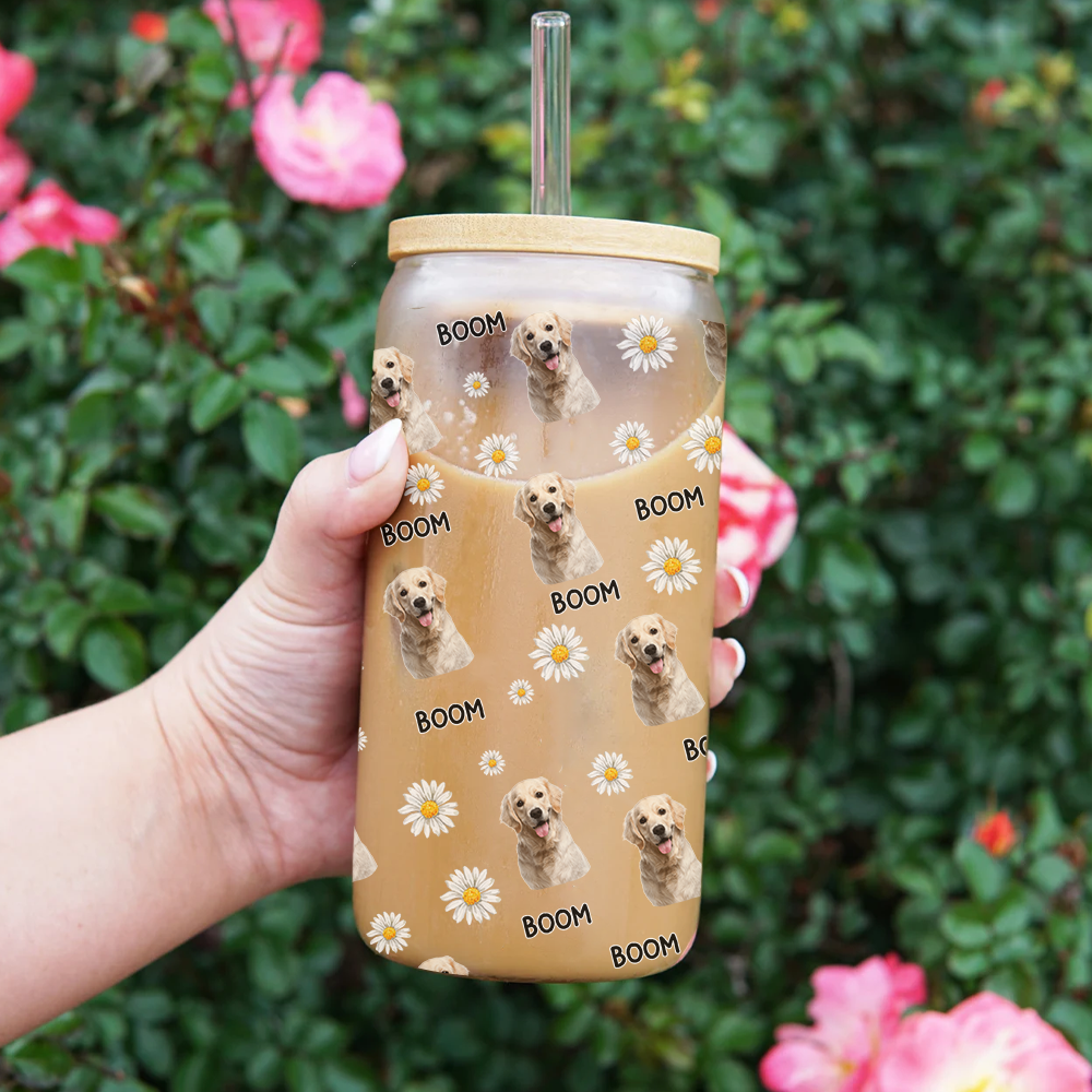 Personalized Pet Photo & Name Summer Glass Bottle/Frosted Bottle With Lid & Straw, Best Gift For Dog Cat Lovers AF
