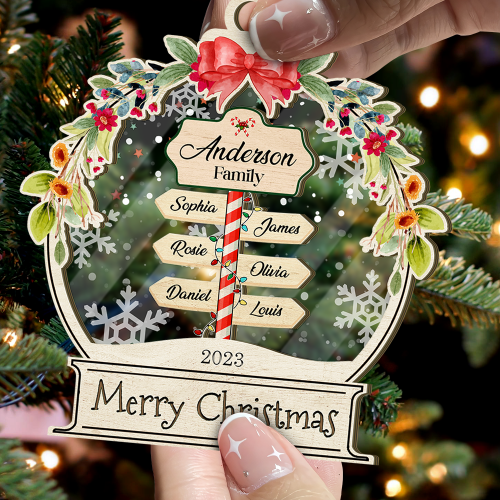 Personalized Wooden & Acrylic Layered Ornament - Christmas Gift For Family - Family Name Signboard with Snow AC