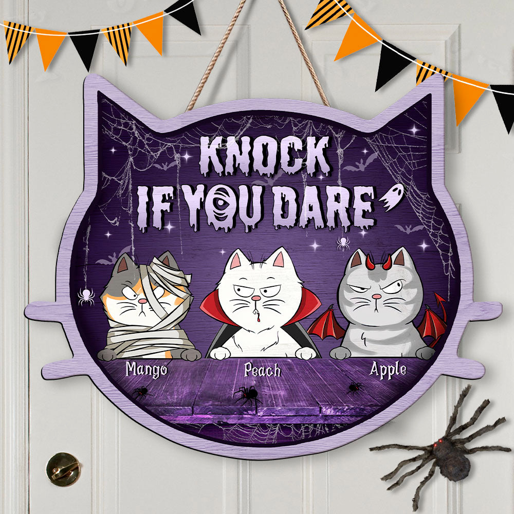 Personalized Cat Shaped Door Sign - Halloween Gift For Cat Lovers - Knock If You Dare AE