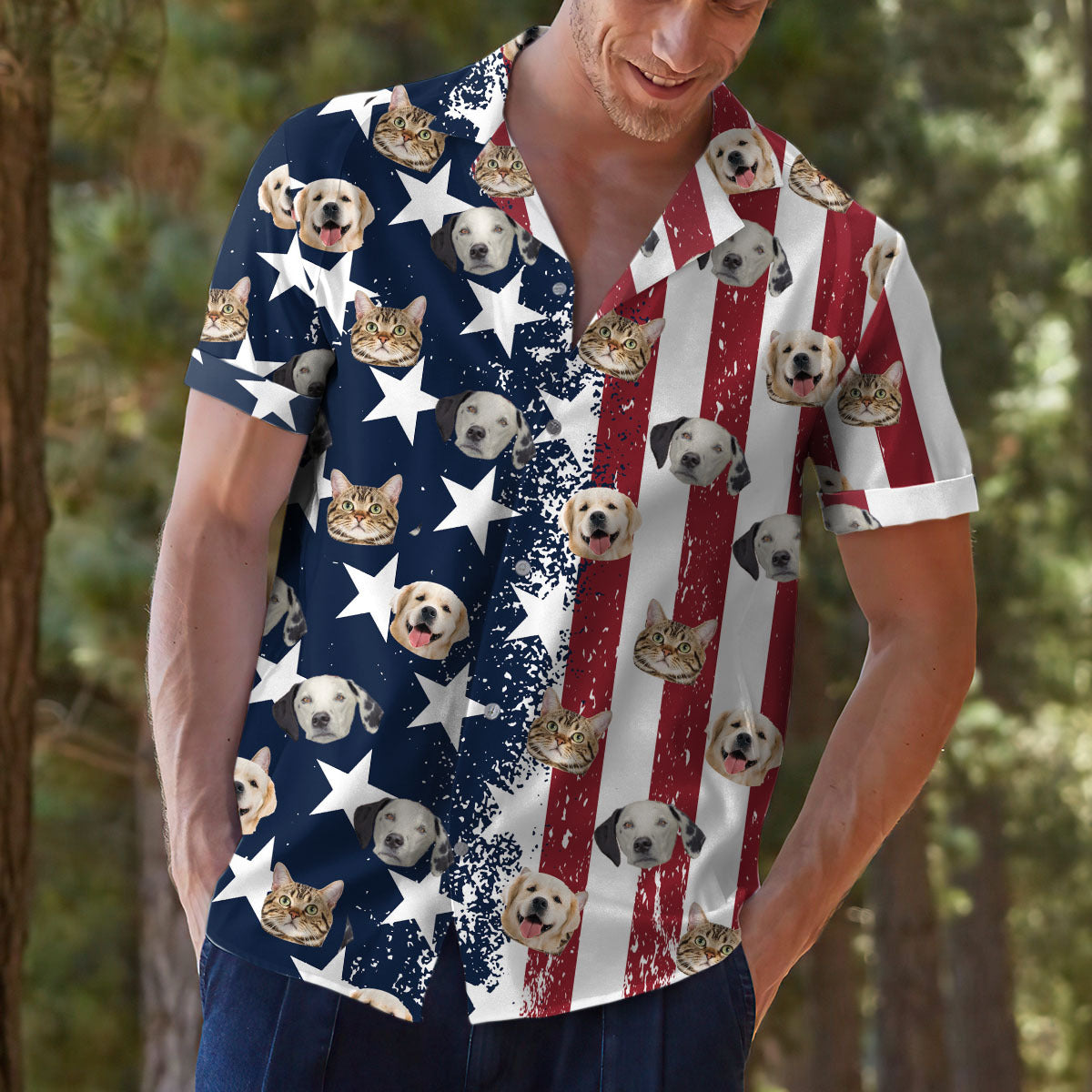 Custom Face American Flag Set Hawaiian Shirt For Pet & Human, Gift For Pet Lover AI