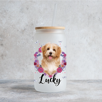 Thumbnail for Personalized Multicolor Floral Butterfly Dog Cat Photo Glass Bottle/Frosted Bottle With Lid & Straw AF