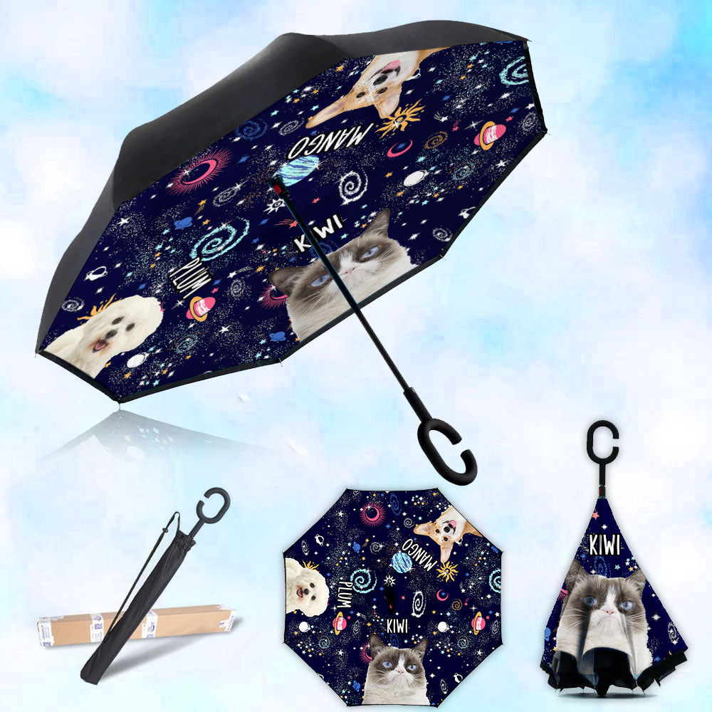 Custom Galaxy Dog Cat Photo With Name Windproof Reverse Upside Down C-Handle Double Layer Umbrella, Pet Lover Gift JonxiFon