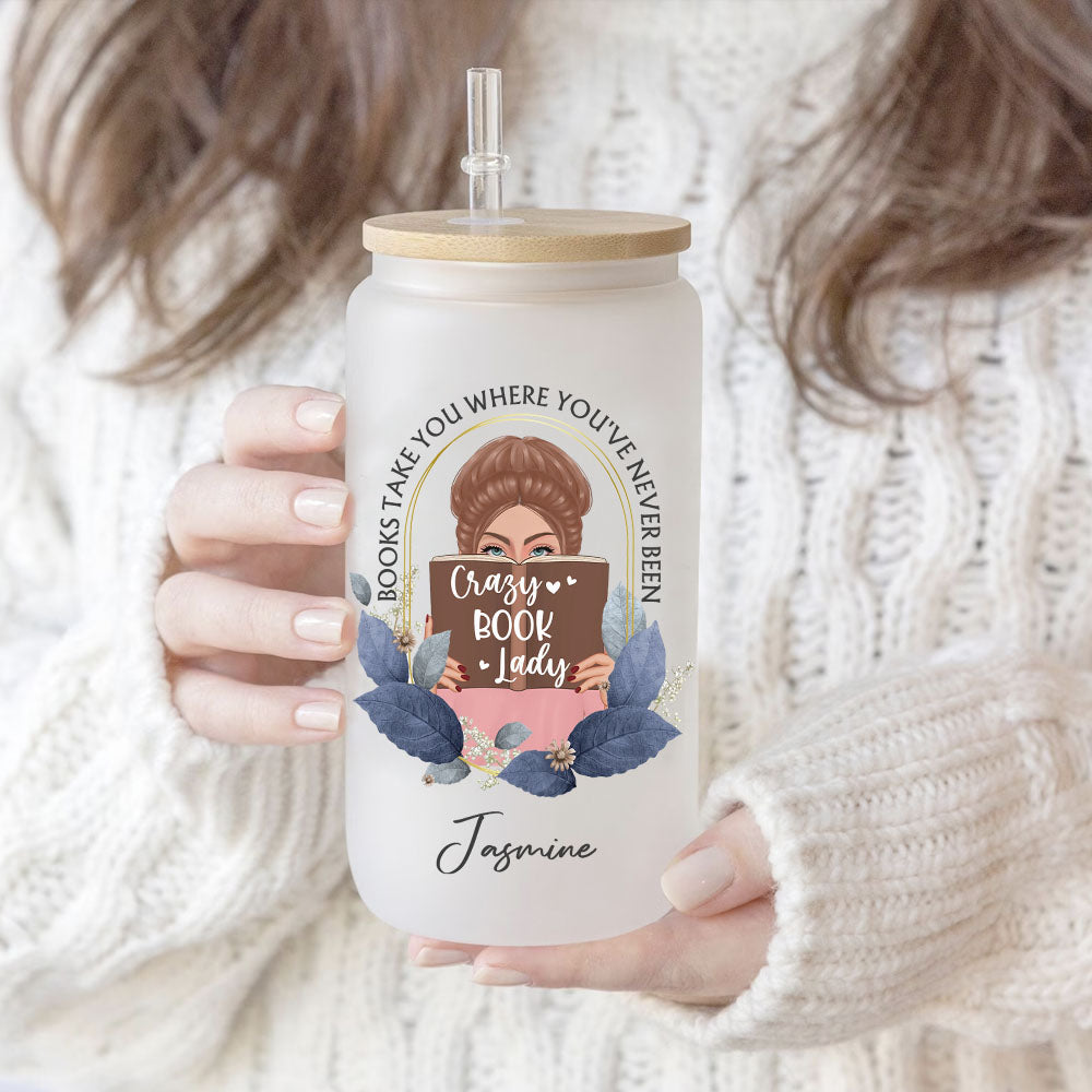 Personalized Glass Bottle/Frosted Bottle With Lid & Straw - Gift For Book Lovers - Books Take You Where You've Never Been AF