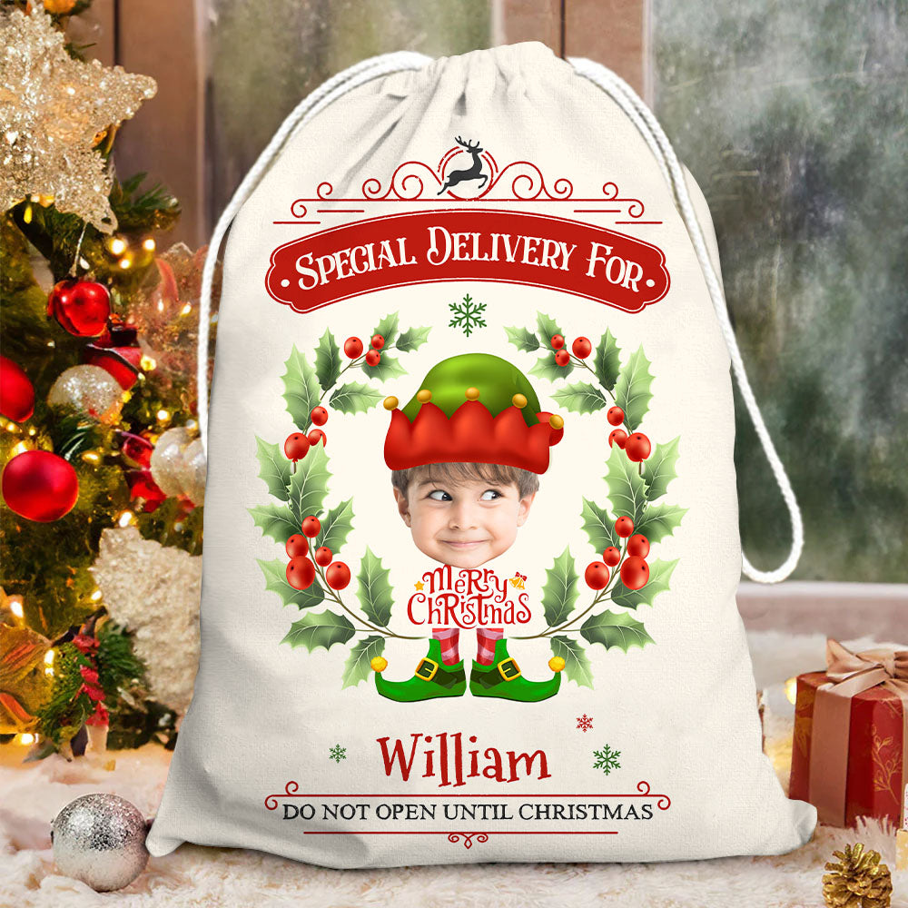Personalized Santa Sack - Christmas Gift For Family - Holly Christmas Costume Face Photo AB
