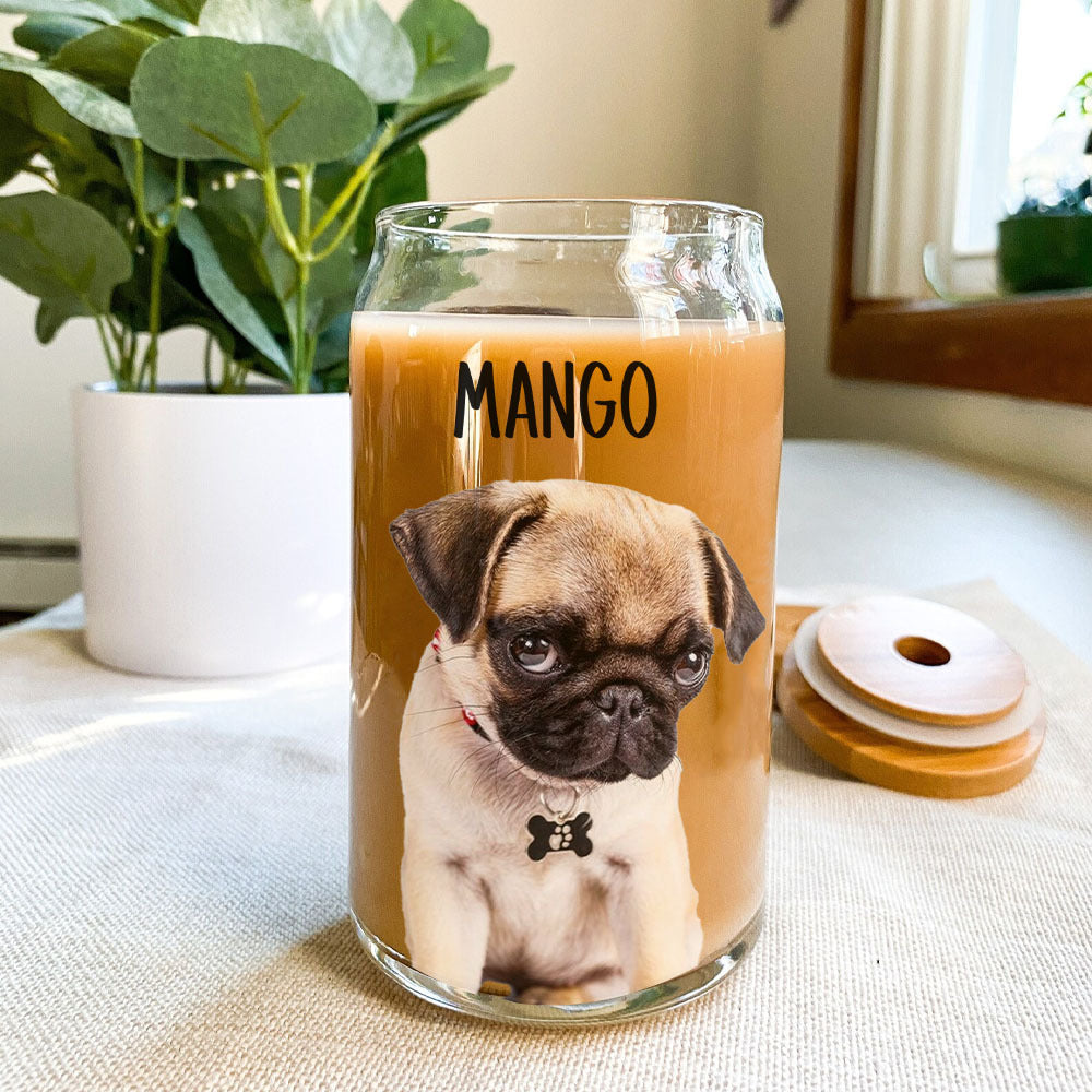 Custom Portrait Photo Glass Can With Lid & Straw, Pet Lover Gift FC