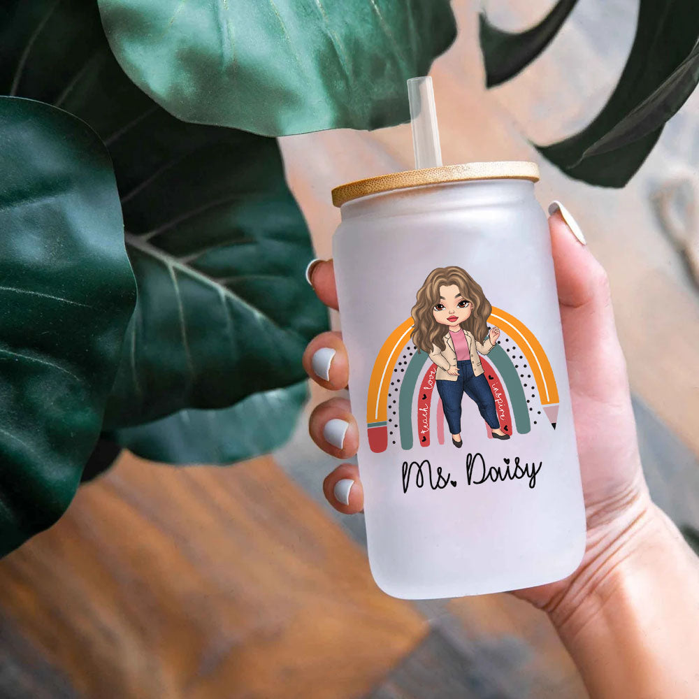 Custom Female Teacher Rainbow With Name Glass Bottle/Frosted Bottle With Lid & Straw, Gift For Teacher AF