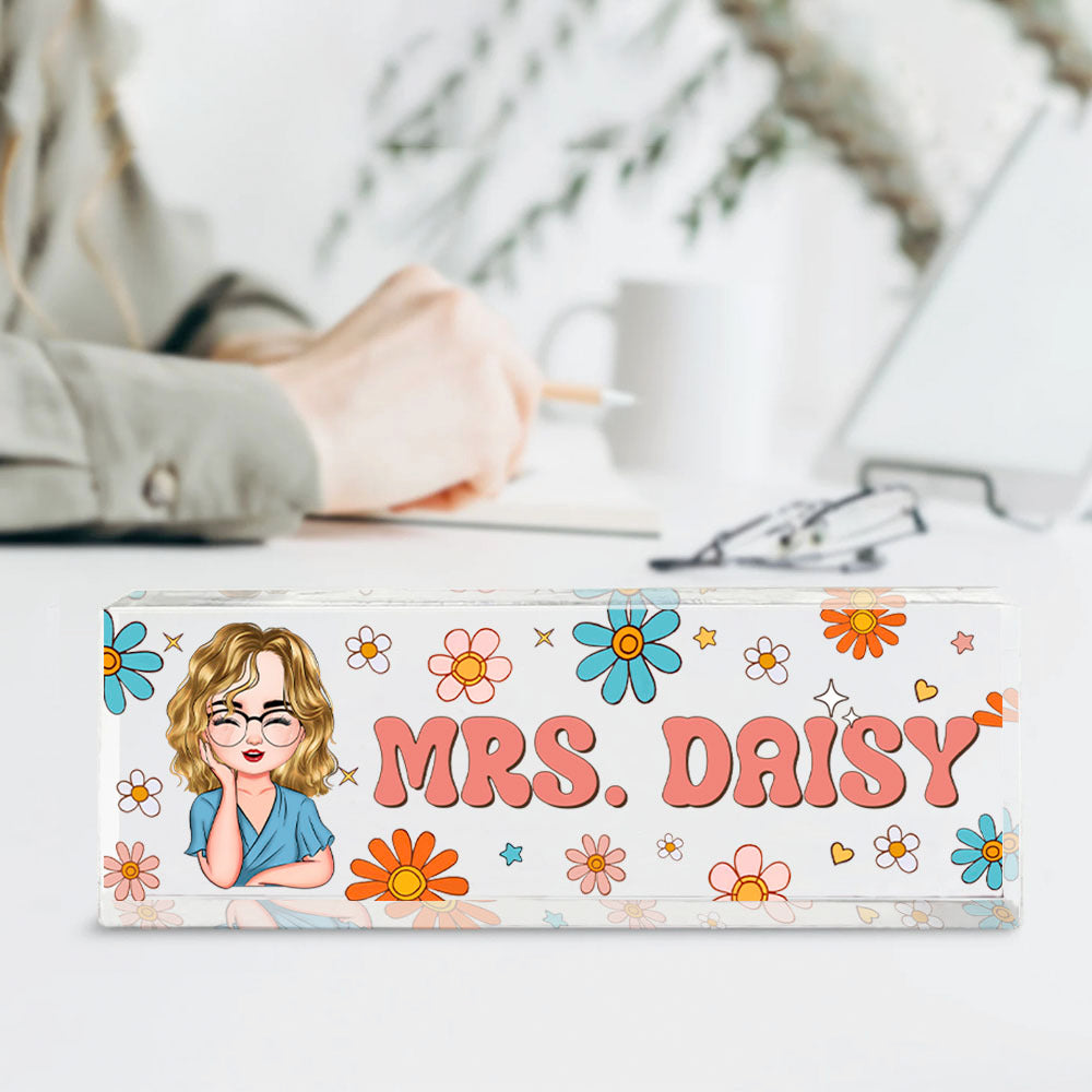 Custom Flowers Retro Magic Teacher Name Acrylic Desk Name Plate, Gift For Teacher AI