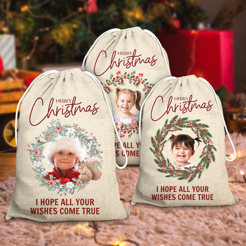 Personalized Santa Sack - Christmas Gift For Family - Christmas Wreath Family Photo AB