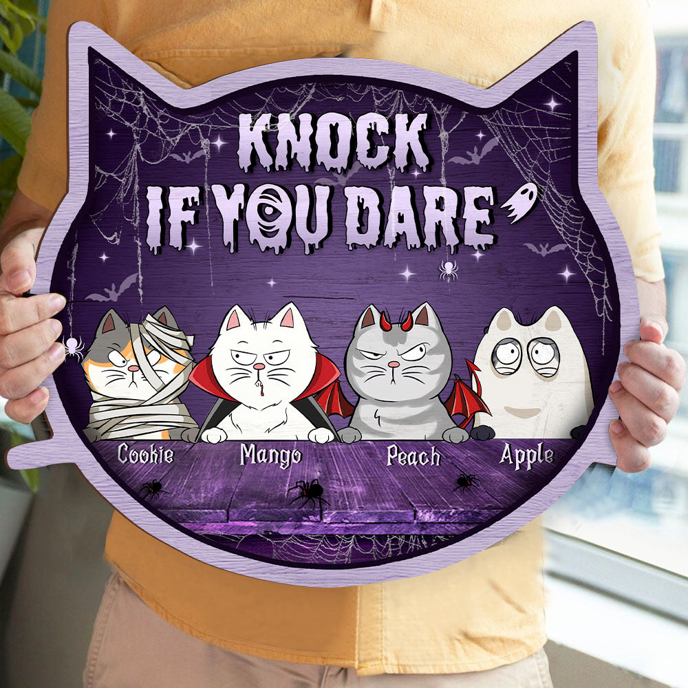 Personalized Cat Shaped Door Sign - Halloween Gift For Cat Lovers - Knock If You Dare AE