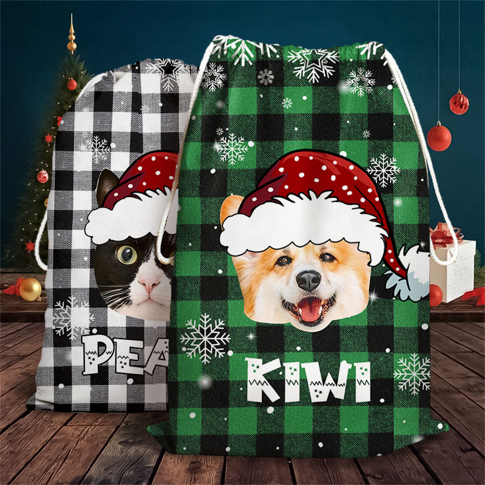 Personalized Santa Sack - Christmas Gift For Pet Lovers - Plaid Pattern Face Photo AB