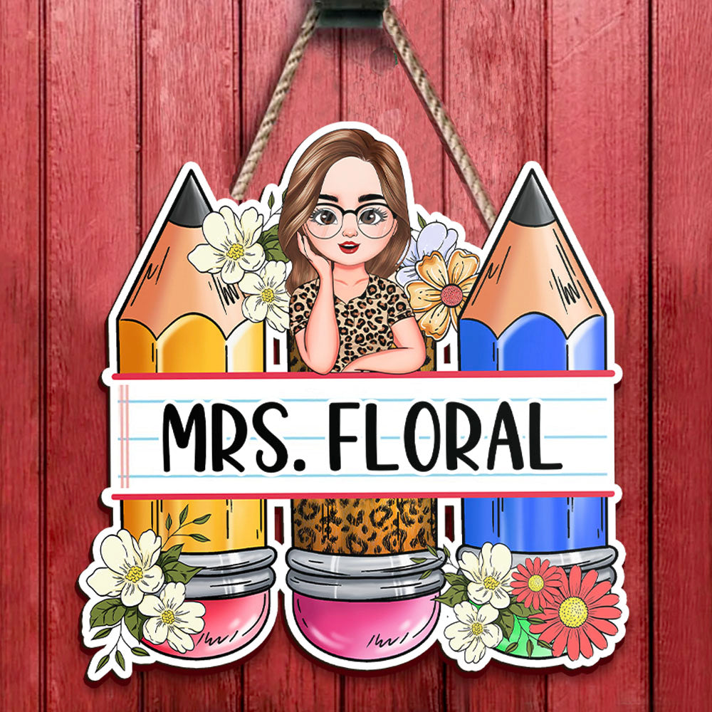 Custom Teacher Name Pencils Flowers Shaped Door Sign, Gift For Teacher AE