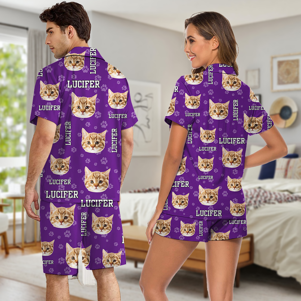 Personalized Photo Everywhere With My Pets Men And Women Short Pajamas Set, Best Sleepwear For Dog Cat Lovers AB