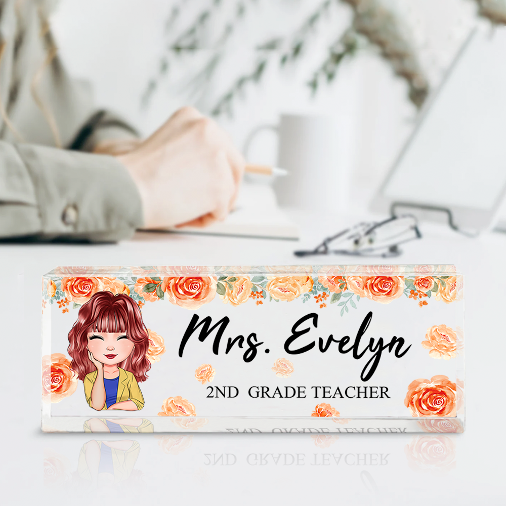 Personalized Teacher Floral Acrylic Name Plate For Desk, Gift For Teacher AI